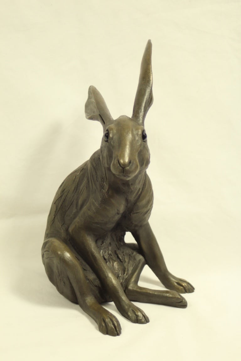 Startled Hare sitting large bronze resin sculpture Pippa Hill Sculpture